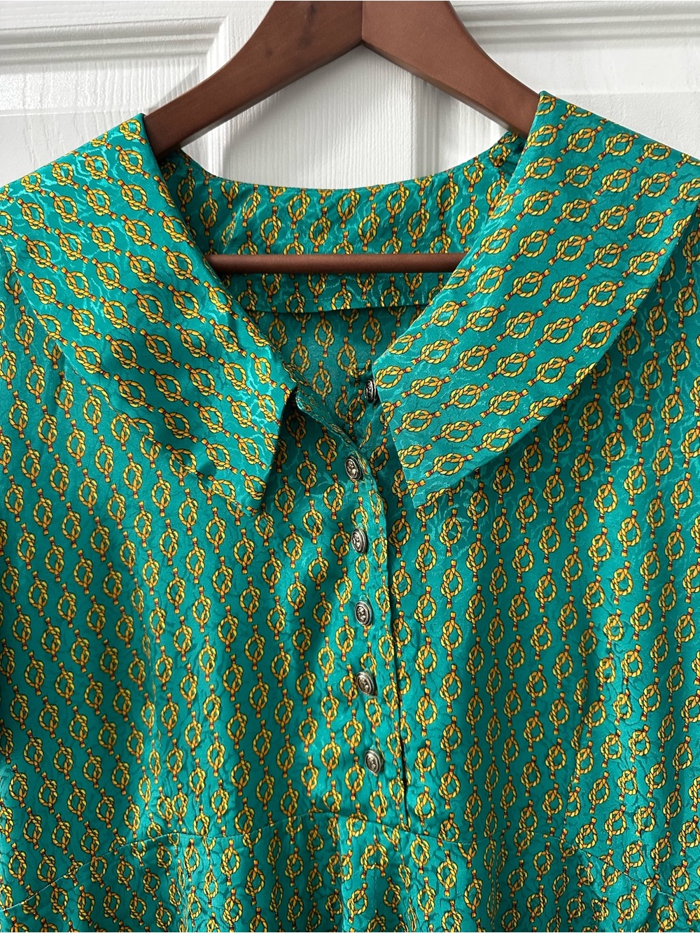 Handmade Retro John Kaldor Fabric Teal Rope Print Dress Cameo Buttons Costume L